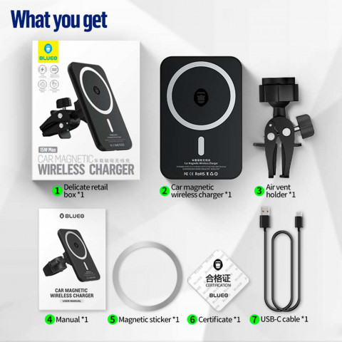 Автотримач з бездротовою зарядкою MagSafe Blueo Car Magnetic Wireless Charger Black для iPhone 